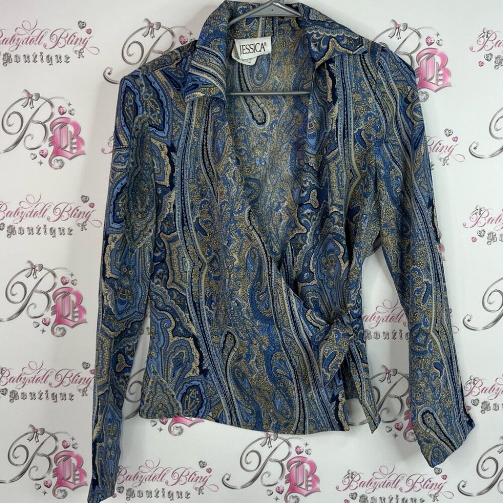 Jessica top wrap style top paisley Blue and Gold Paisley shirt y2k blouse